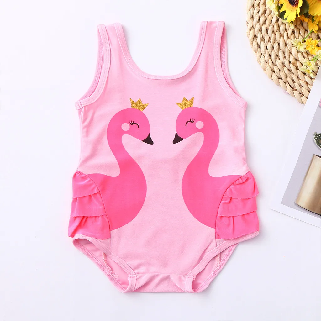 

Baby Romper Infant Outfits Cotton Casual Girls Ruffles Swan Print Swimwear Swimsuit Backless Baby Kids Rompers