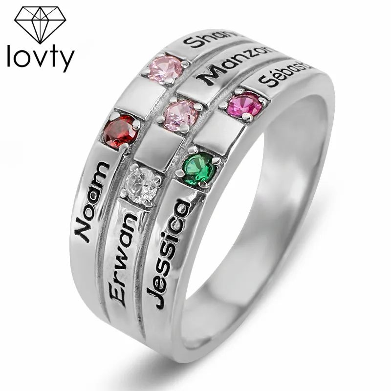 

lovty Personalized Engrave Name Women Promise Ring with 6 Birthstones Custom Name Ring Fashion Jewelry Best Birthday Gift