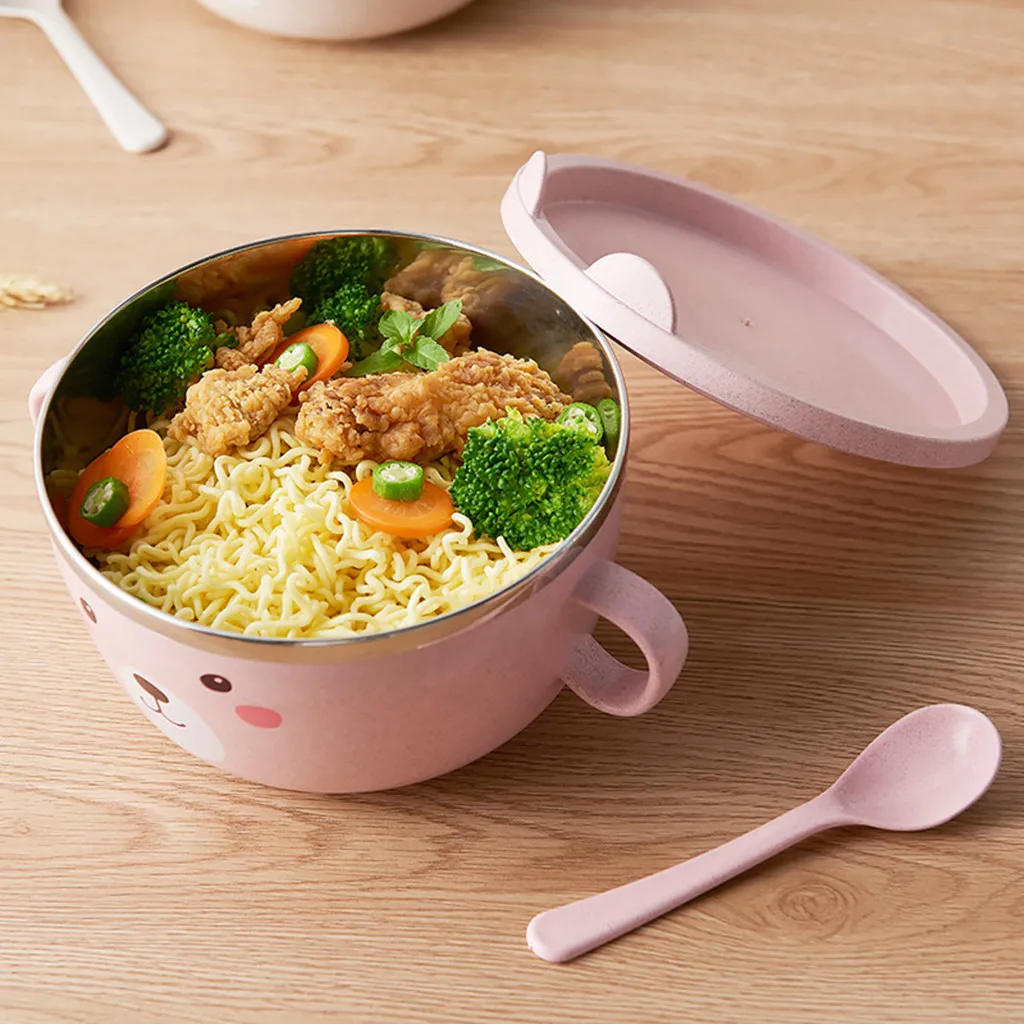 

Stainless steel cute cat cartoon ramen bowl, food container with handle and snake soup, rice bowl soup bowl fruit box W30704