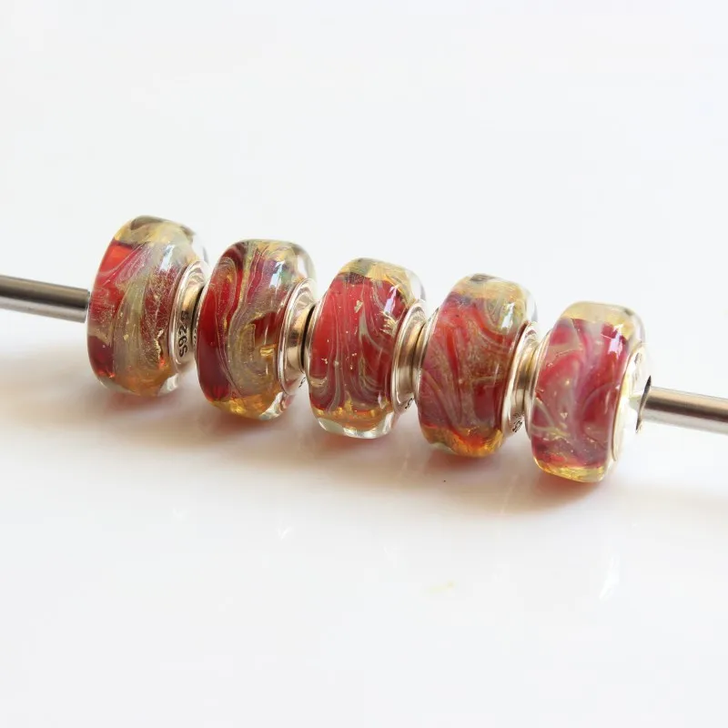 925 Sterling Silver Charm Beads A Drunken Golden Fan Glass Charms Bead Compatible Fit Troll European Brand Bracelet (8)