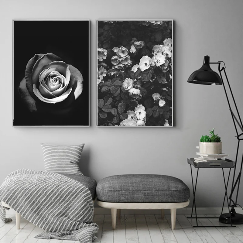 Minimalist Black and White Wall Decor Noble Floral Canvas Art Rose Painting Dew Rose Art Poster Pictures for Living Room Decor