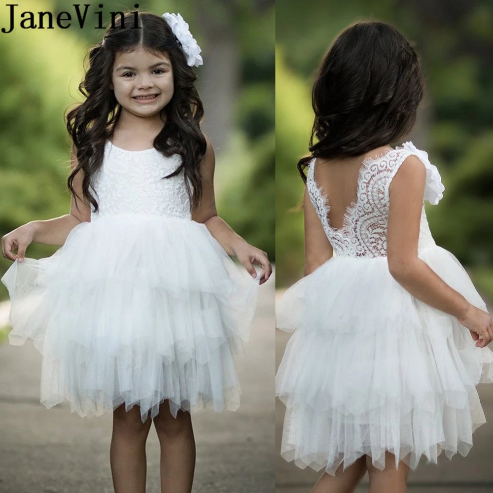JaneVini vestidos encaje escalonados hasta la rodilla para niñas, vestidos de flores con perlas de tul, vestido de comunión para niñas, vestidos cortos de fiesta noche|Vestidos floreados de niña| -