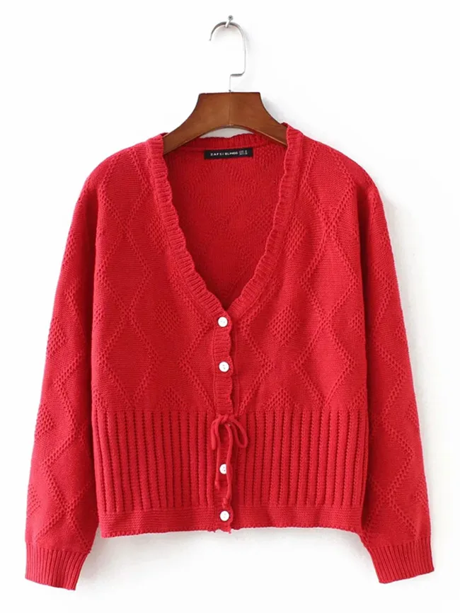 Однотонный вязаный женский кардиган с v-образным вырезом на шнуровке,, винтажный высококачественный трикотаж для улицы, женские брендовые осенние свитера, cws0165-5 - Цвет: Красный