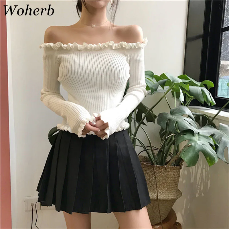 

Woherb 2019 Sexy Off Shoulder Top Sweater Women Causal Elegant Ruffles Pullover Autumn Harajuku Ladies Top Sueter Mujer 20084