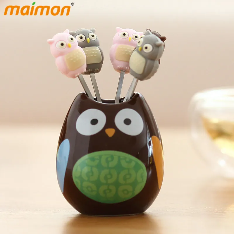 

6pcs/set Cute Owl Fruit Forks Set with Mini Ceramic Pot Holder Cartoon Animal Birdie Stainless Steel Cake Salad Dessert Forks