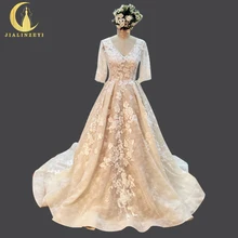 JIALINZEYI Real Picture New Arrival V Neck Beige and Ivory Lace A-line Bridal Wedding Dresses wedding gown 2018