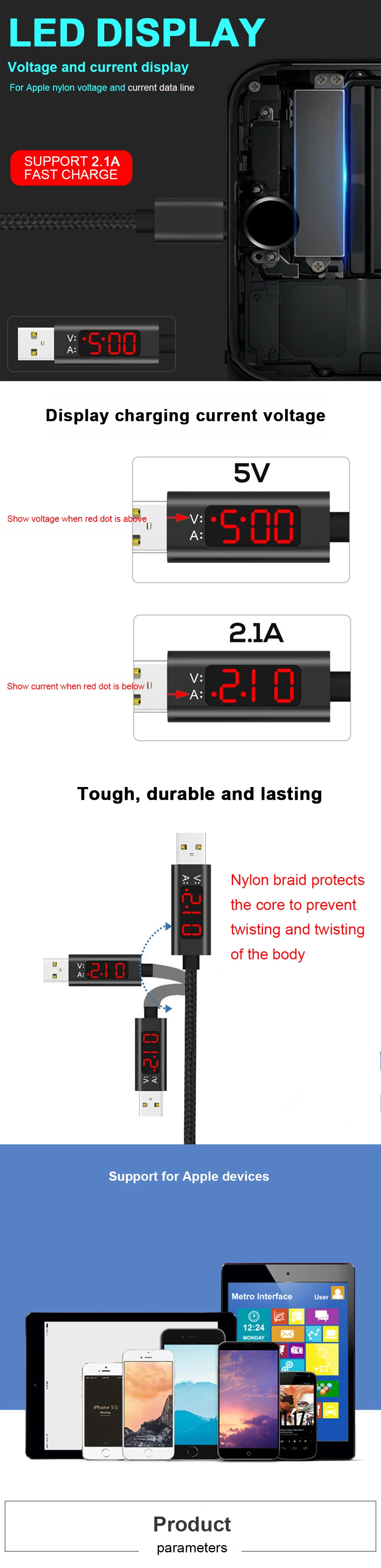 NOHON Nylon Portable Data Cable For Apple iPhone X 7 6 8 Plus 10 For iPad Mini Phone LED Display Lighting Quick Charge Cables 1M (3)