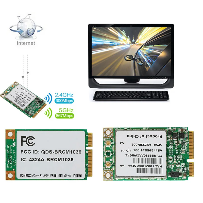 

Dual Band Network Card Wireless-N WIFI 300M BCM94322MC Dual Band Mini PCI-E Card For HP SPS:487330-001