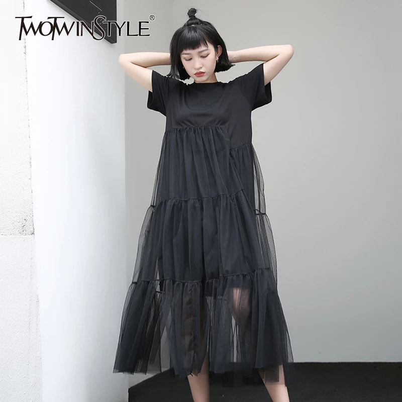 

TWOTWINSTYLE Mesh Dress For Women Short Sleeve Patchwork High Waist Draped Asymmetrical Dresses 2019 Summer Sweet Clothing