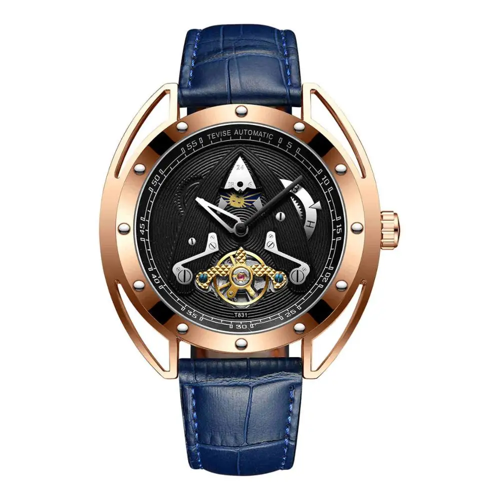 Роскошные брендовые автоматические механические мужские часы Tevise T831 с кожаным ремешком Tourbillon Moon Phase, спортивные часы Relogio Masculino - Цвет: gold bue
