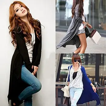 

European Fashion Lady Thin Kimono Cardigan Long Sleeve Loose Asymmetric Hem Long Cardigan Women Outerwear free Size Black/Gray