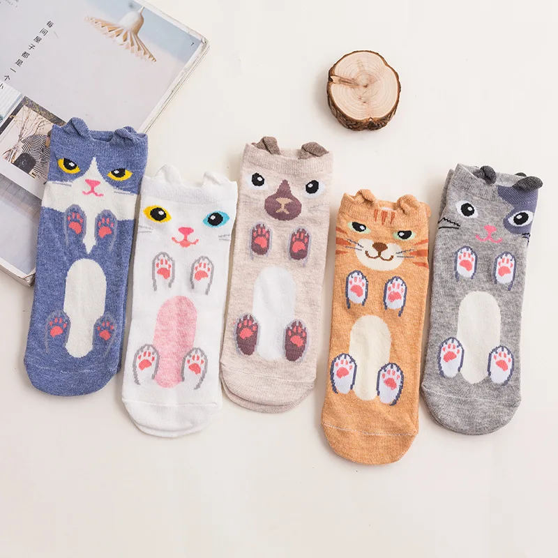 

5 Pair/set Printed Short Socks Women Funny Cute Cartoon Animals Ear Socks Ladies Girls Low Cut Socks Summer Wholesale
