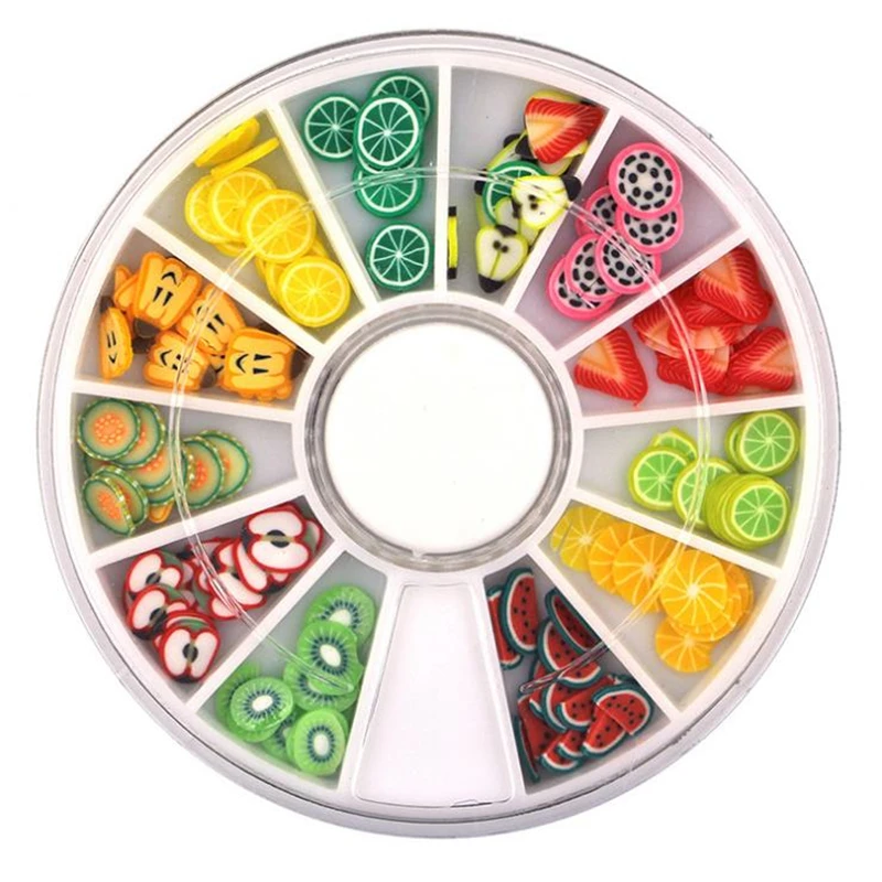 

11 Patterns 3D Polymer Clay Tiny Fruit Nail Sparkle Colorful Lovely 3D Nail Art Decorations Ornaments DIY Nail Wheel