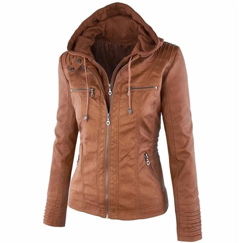 Куртка из искусственной кожи размера плюс 5XL 6XL для женщин, мотоциклетная куртка с капюшоном, черная верхняя одежда с длинным рукавом, тонкое короткое пальто из искусственной кожи - Цвет: brown