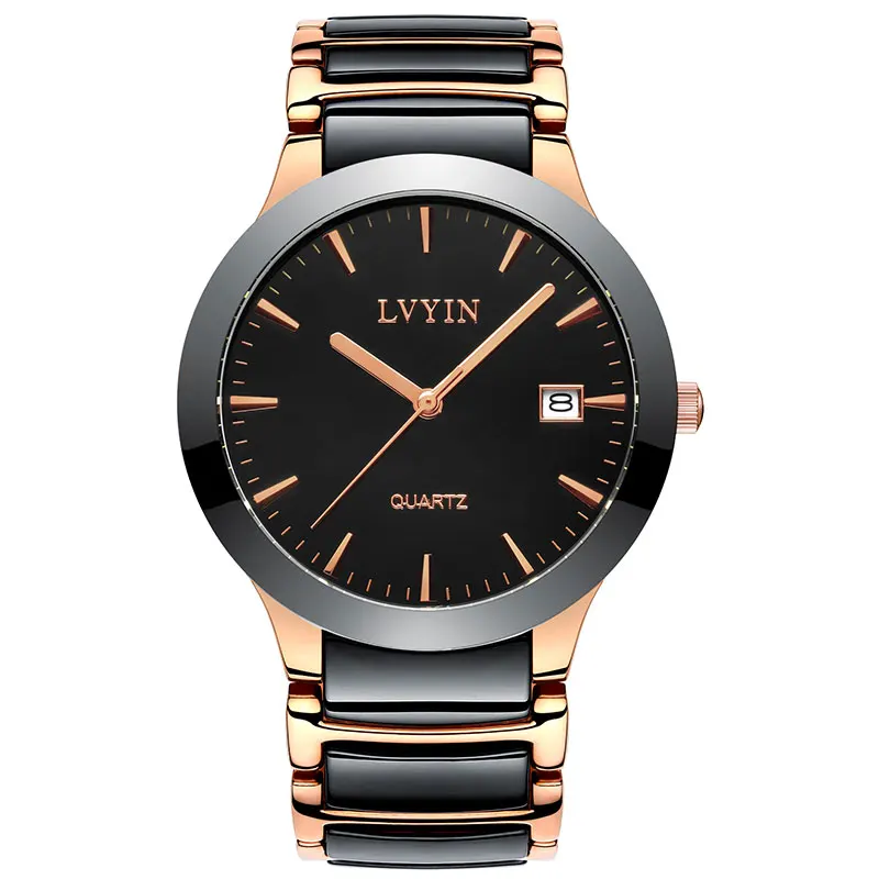 LVYIN керамические парные часы брендовые роскошные черные часы для влюбленных женщин и мужчин Relojes Hombre без коробки кварцевые часы с календарем 042 - Цвет: Gold Men