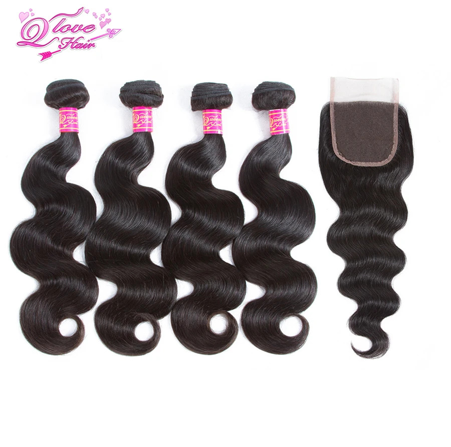 

Queen Love Hair 100% Human Hair Bundles With Closure 4 Bundles Indian Body Wave Hair Natural Color Non Remy Hair Extension