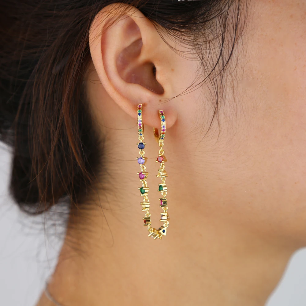 

2019 rainbow cz paved chain earring for women lady wedding jewelry with multi color cz stone dangle earring