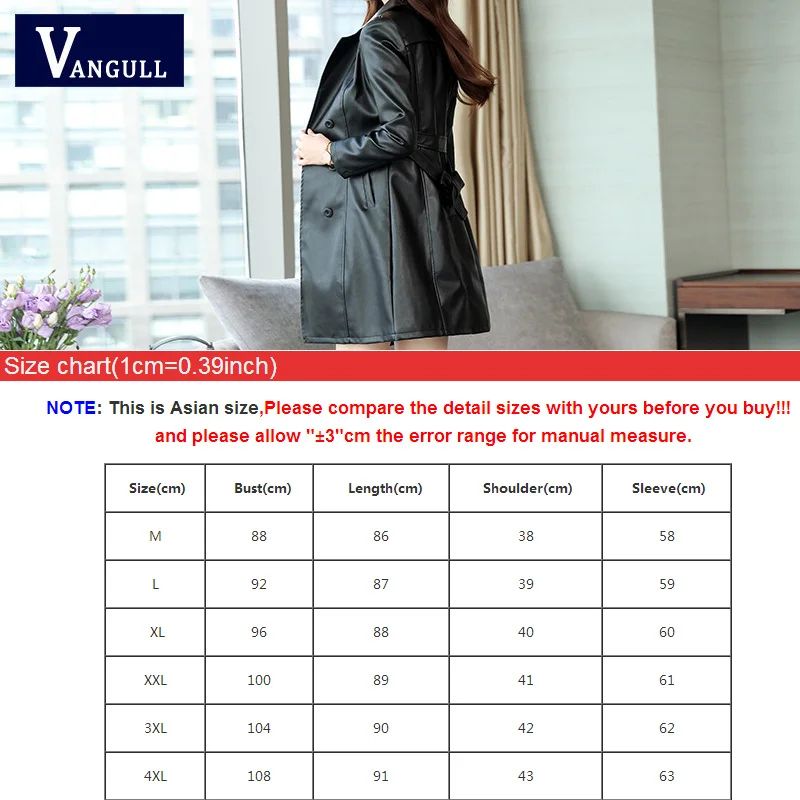 VANGULL размера плюс 4XL Женская куртка из овчины PU кожаный ремень готический черный