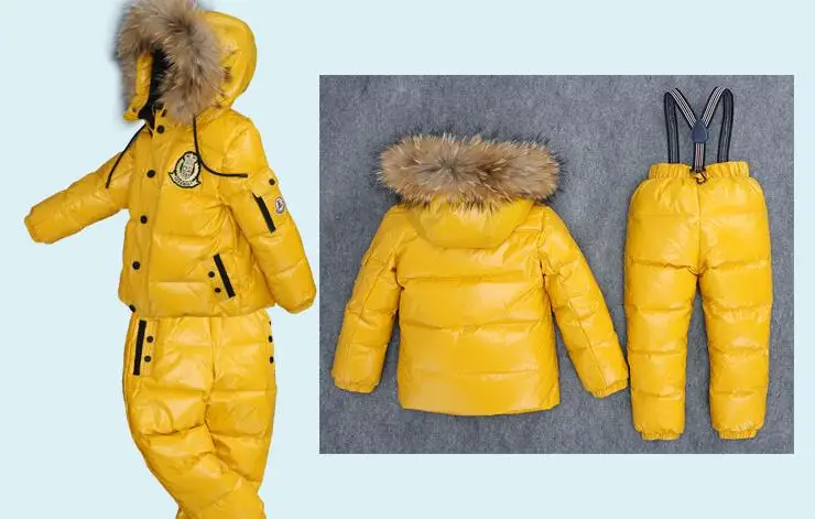 Очень теплые зимние костюмы для детей куртка-пуховик на утином пуху для мальчиков и девочек+ комбинезон комплект одежды из 2 предметов, теплая детская зимняя одежда Наивысшее качество