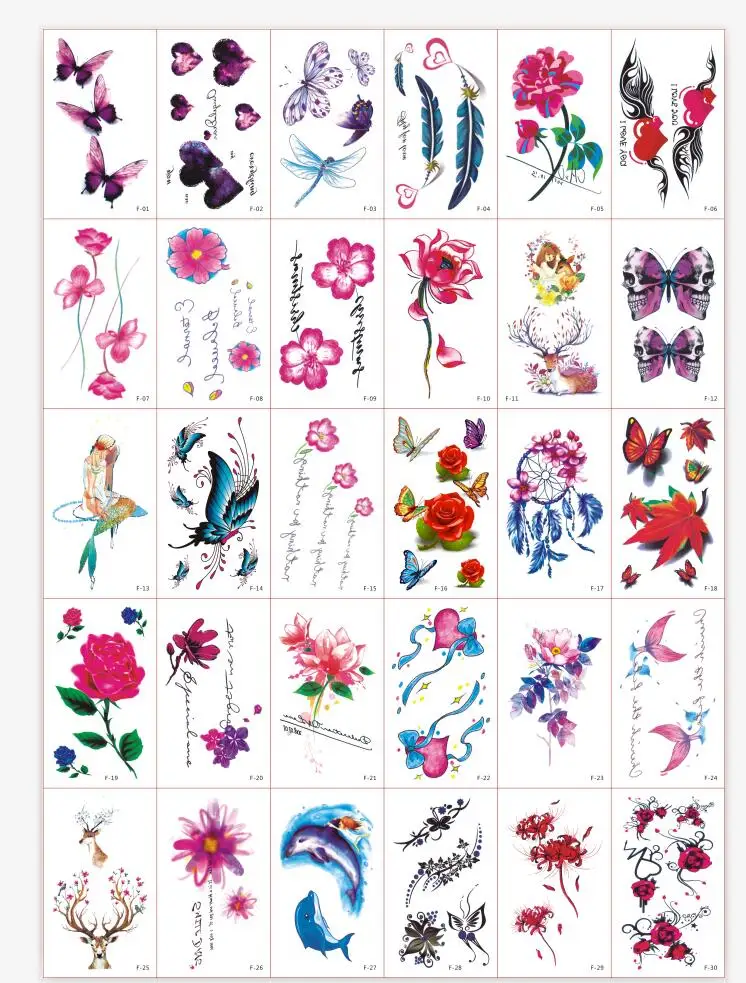 30 листов цветок боди арт Временные татуировки милые Дельфин олень буквы цветочные искусственные татуировки на руку назад татуировки наклейки для женщин, девочек