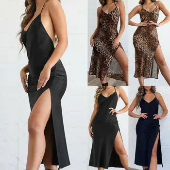 

New Women Ladies Fashion Casual Summer Dress Sexy Long Leopard Printed Sleeveless V Neck Party Beach Bodycon Sundress