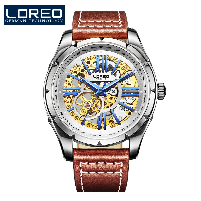 

LOREO Authentic automatic mechanical sapphire 50M water resistant brown Leather gold hollow luminous business watch