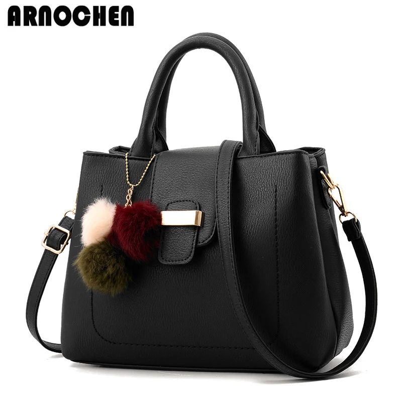 

ARNOCHEN Women Leather Handbags 2018 Vinatge Ladies Handbag Shoulder Bags For Girls Crossbody Womens Bag With Fur Ball WYQ509