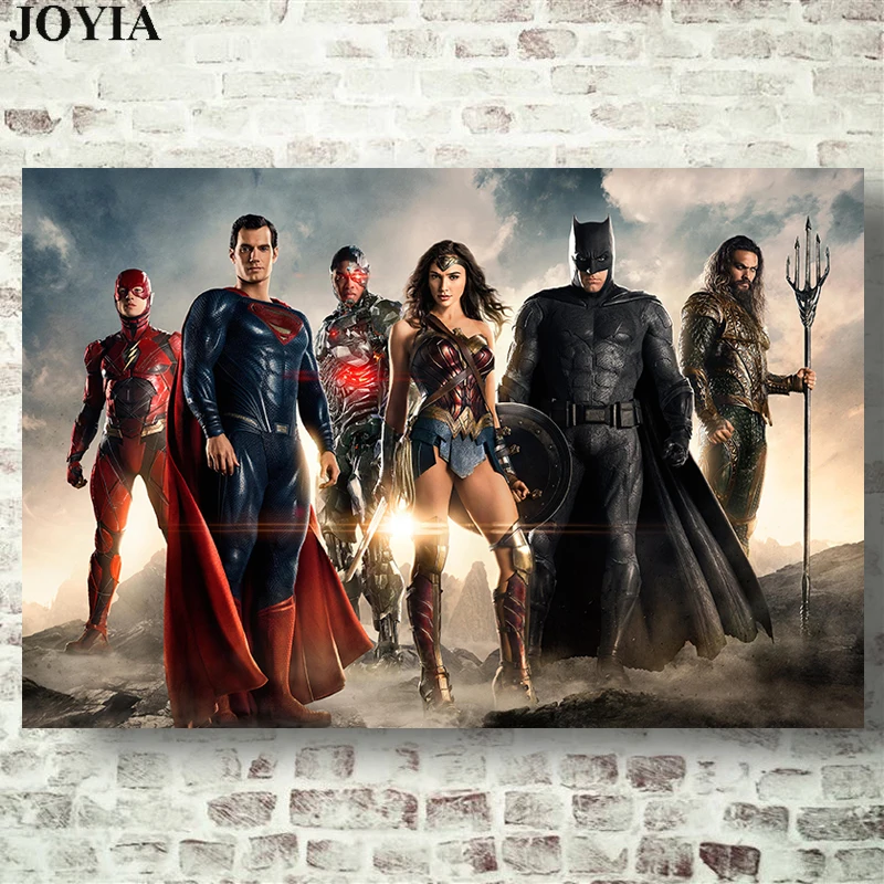 

Justice League Movie Silk Posters Superheroes Wall Art Prints The Flash Aquaman Superman Wonder Woman Batman Cyborg Art Pictures