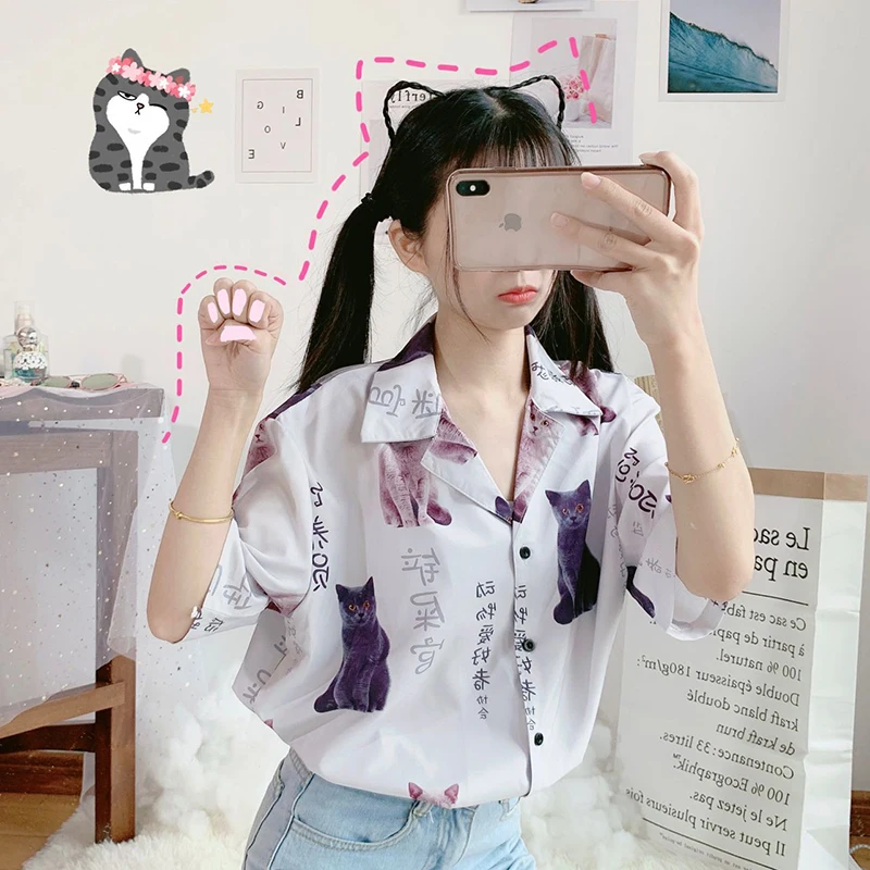 

Summer Women's Clothing Casual kawaii Cats shirt loose ulzzang Sweet Blouses Turn-down Collar Short Sleeve New harajuku Shirts