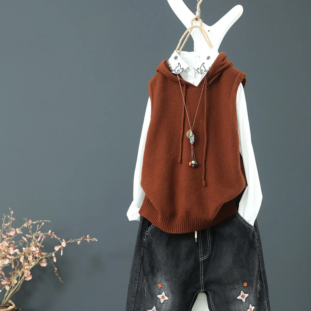 Осенне-зимний женский жилет с капюшоном в стиле ретро, дизайн, Свободный Тонкий Модный вязаный свитер, женская верхняя одежда - Цвет: Coffee