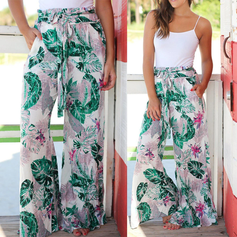 Women Floral Wide Leg Pants Casual Boho Beach High Elastic Waist Trousers Pants Sashes Summer Wide Leg Pants Loose Homewear Hot
