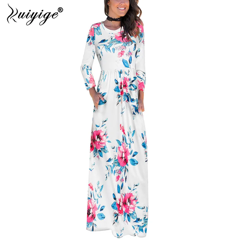 

Ruiyige Boho Pockets Women Maxi Dress O Neck High Waist Print Floral Dresses Long Sleeve Fall Autumn Travel Retro Tunic Vestidos