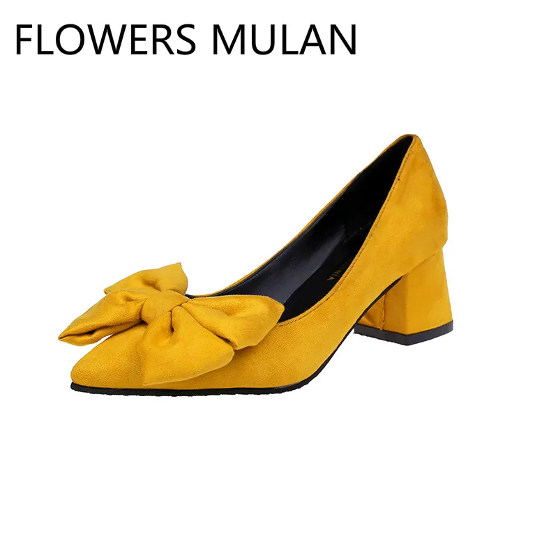 

Spring Autumn Pumps Shoes Med High Heel Pointed Toe Chunky Square Heel Slip On Pumps With Big Bow Sweet Women Shoes