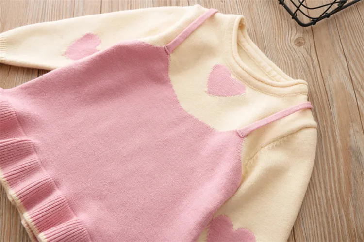 Fanfiluca Toddler Girls Sweaters Fake two Piece Heart  Outerwear Children Round Collar Pullovers Baby Girl Cotton Knit Sweaters0007