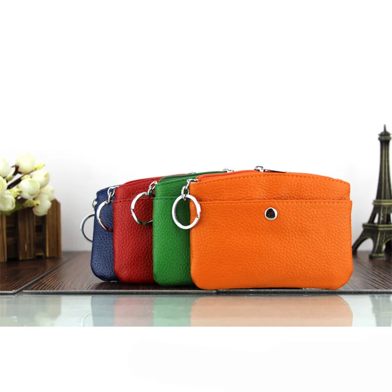 

Genuine Leather Candy Color Ring Key Wallet Plus Big Size Coin Purse Bus Card Package Zipper Large Pocket Custom name logo