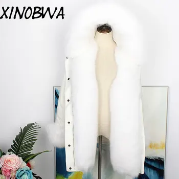 

Women Winter Big Real Fox Fur Collar +Liner Thick Warm Pockets Long Coats Jackets Female Good Quality Outwear Casaco Feminino