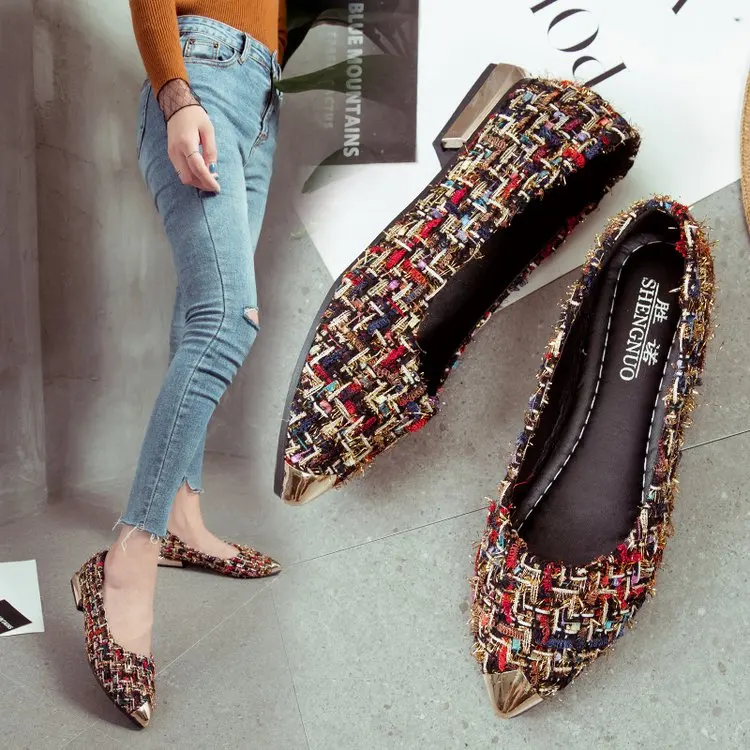 

Spring 2019 New Style Women's Lattice Fabric Shallow-mouthed Single Shoes Korean-style Women's Shoes