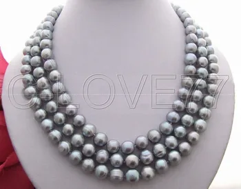 

3 strands 10MM Grey Pearl Necklace free shipment