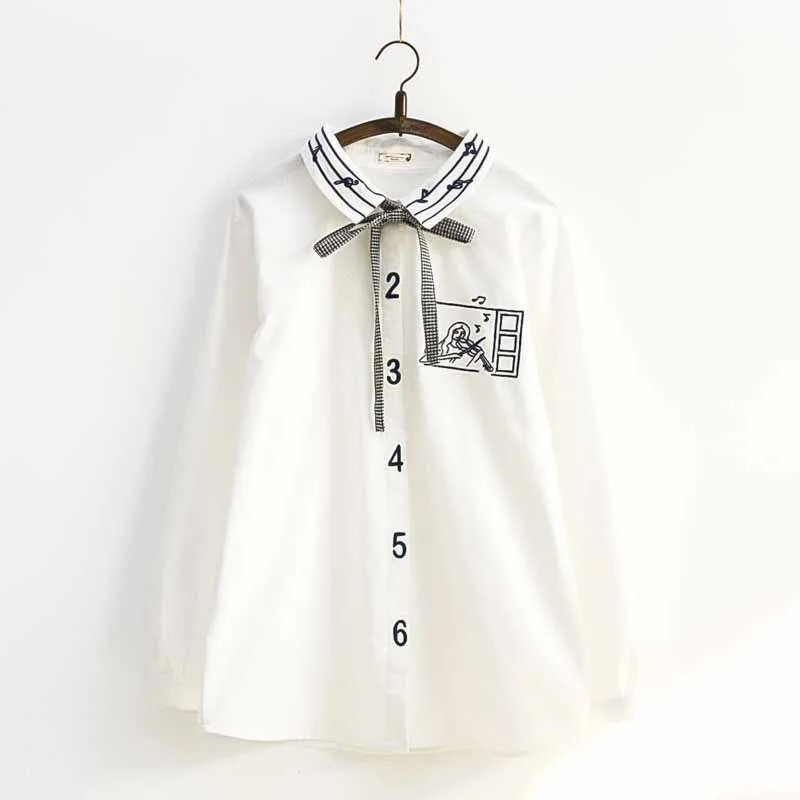 

Musical Note Blouses Women New Spring Casual Violin Pattern Embroidery Shirts Girls Cute Bow Tie Blouses 2018 Students Shirts