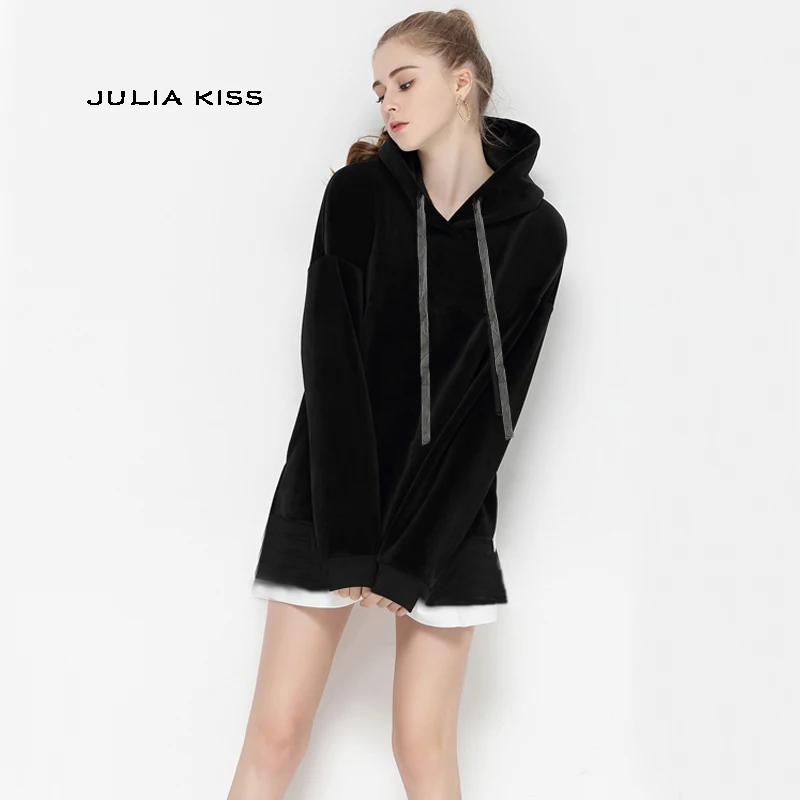 Autumn & Winter Women Longline Velour Hoodie With Split