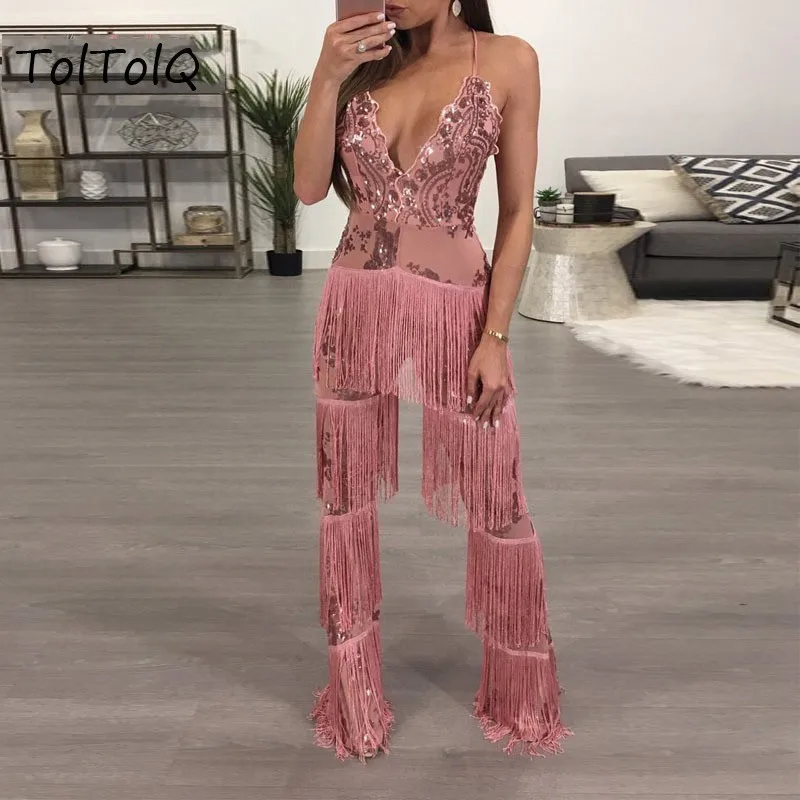 TolTolQ Новинка года кисточкой блесток Комбинезоны для женщин Сексуальная Bodycon V средства ухода за кожей Шеи клуб комбин - Цвет: pink colour