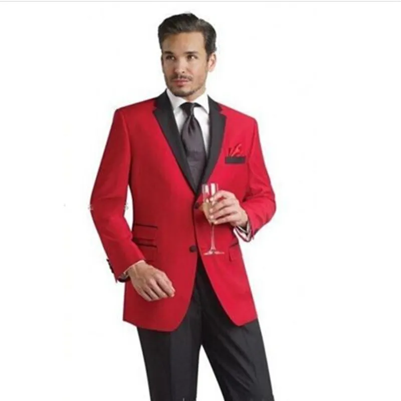 Mens Suits Red Groomsmen Suits Groom Tuxedos Black Notch Lapel Best Man