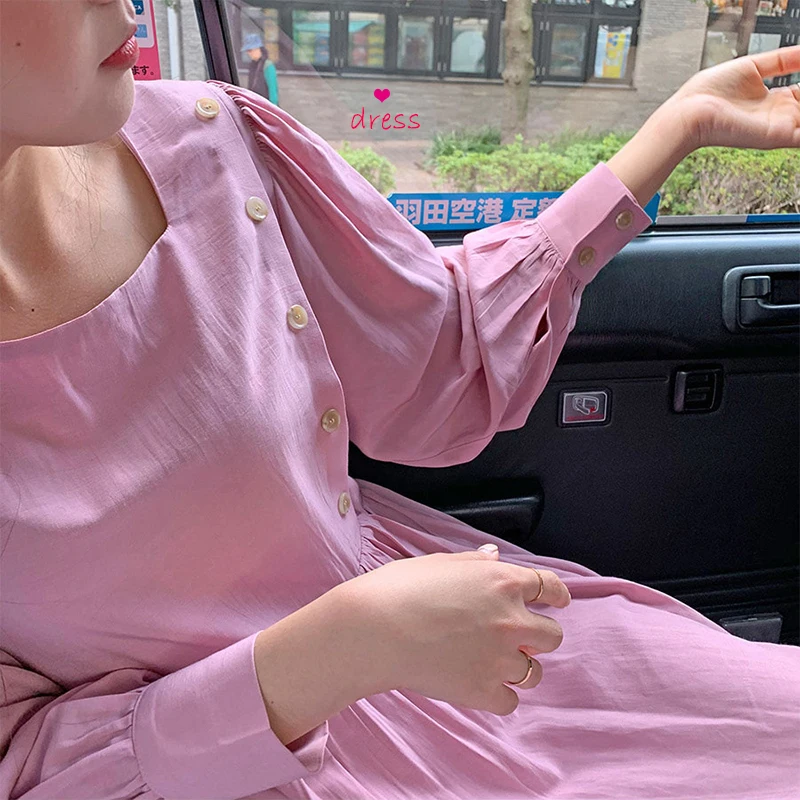 

Elegant Girl Lantern Sleeve Dress Solid Color Side Buttons a Line Dress Robe Femme Vestido Mujer Vestiti Donna