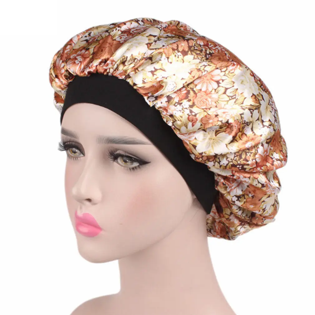 Женская атласная шапка для ночного сна головной убор шелковая Крышка для головы широкая эластичная лента для душа s - Цвет: C