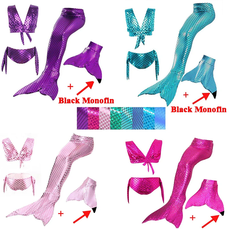 4PCS Little Mermaid Tail Swimming Suit with Monofin Cosplay Girl child Swimsuit Children's Bikini Set | Тематическая одежда и