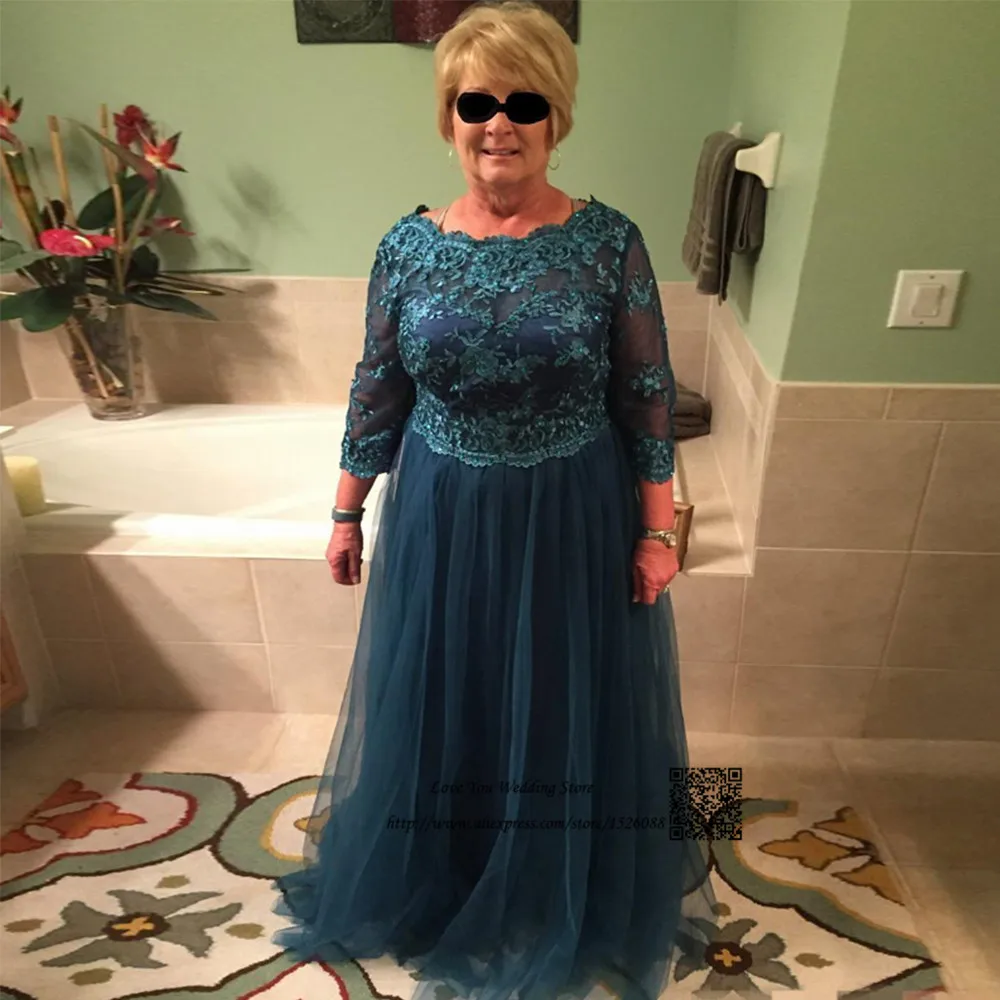 Green Plus Size Mother of the Bride Dresses 3/4 Sleeve Tulle Lace Long