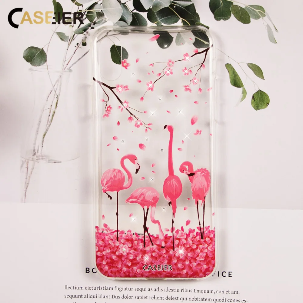 CASEIER Flamingo Silicone Case For iPhone 6 6s 7 8 Plus Diamond Clear Cover X 5 5s SE Cases Glitter Bag |