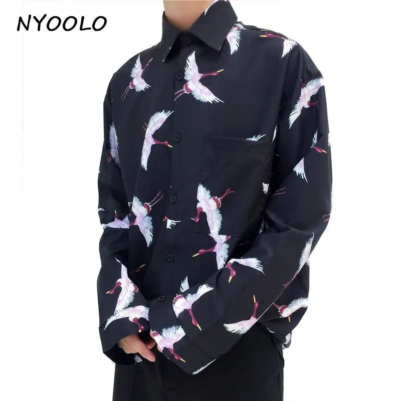

NYOOLO Vintage style Crane printed loose long sleeve turn-down collar shirt women/men clothing tops novelty design streetwear