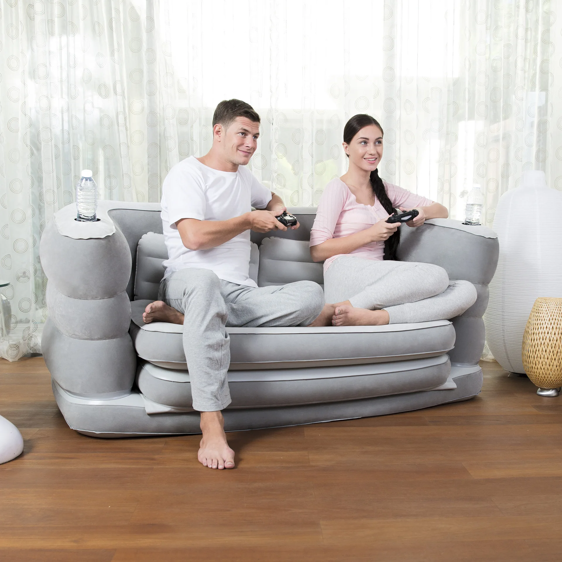 Inflatable Sofa Bed with Two Pillows& Cushion Home Flocking+PVC Sofa for Two People Indoors Lazy Inflatable Loungers