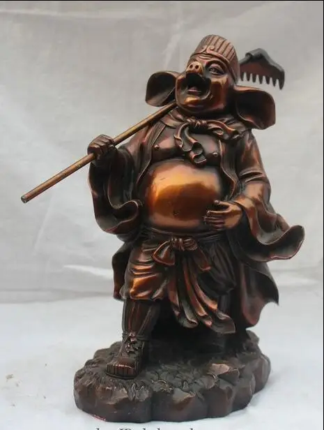 

free 10" Chinese Ancient Myth Bronze Xi You Ji Zhu BaJie Pig God Lron Rake Statue fast